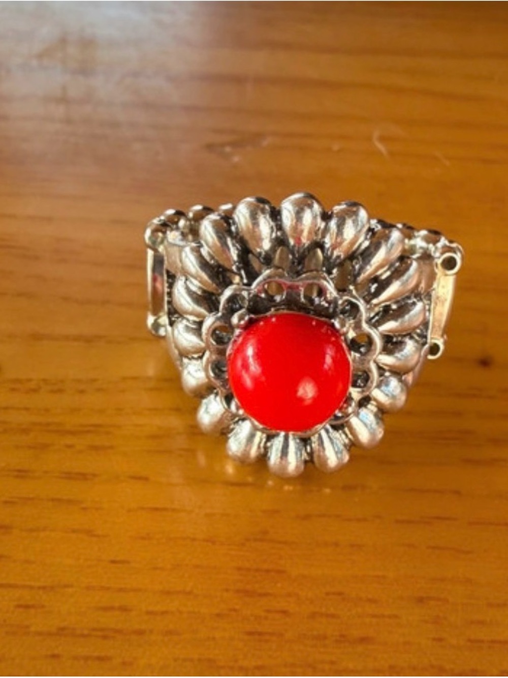 Silver-Tone Floral Statement stretch Ring with Bright Red center